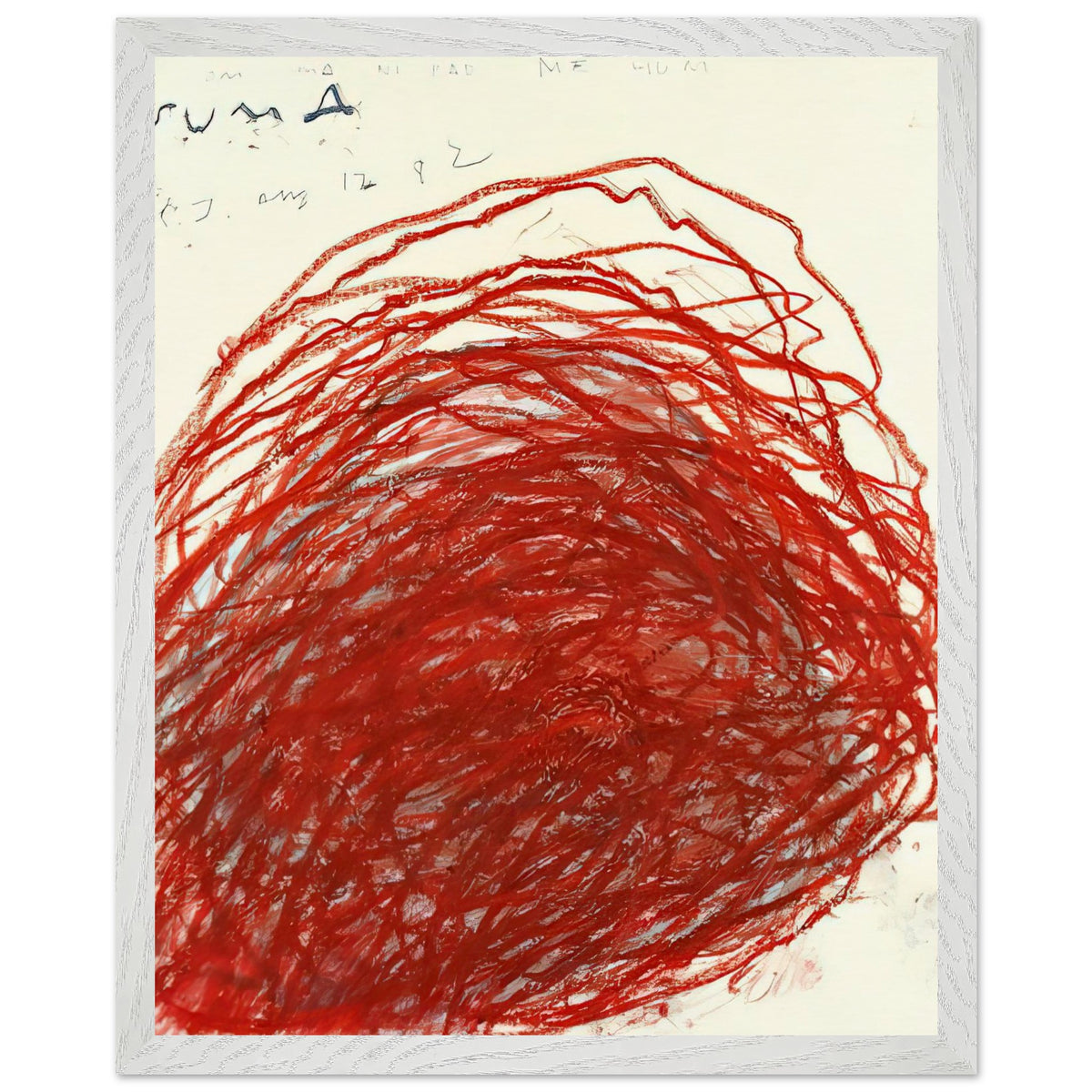 Suma by Cy Twombly, framed art print, sweeping red and crimson lines that overlap and curve across a warm, 70x100 cm (28x40 in), white frame