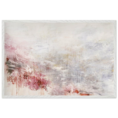 Hero and Leander (To Christopher Marlowe) [Rome] by Cy Twombly framed art print; featuring delicate washes of white, soft pink, dusty rose, and muted gray; size 30 × 45 cm (12 × 18 in); black frame.