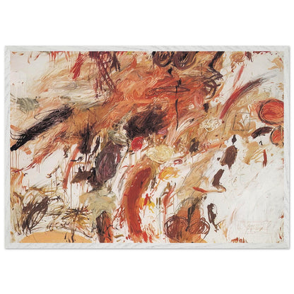Ferragosto V by Cy Twombly framed art print; featuring energetic brushstrokes, layered pigments, and spontaneous gestures in shades of rust red, burnt orange; size 50 × 70 cm (20 × 28 in); black frame.