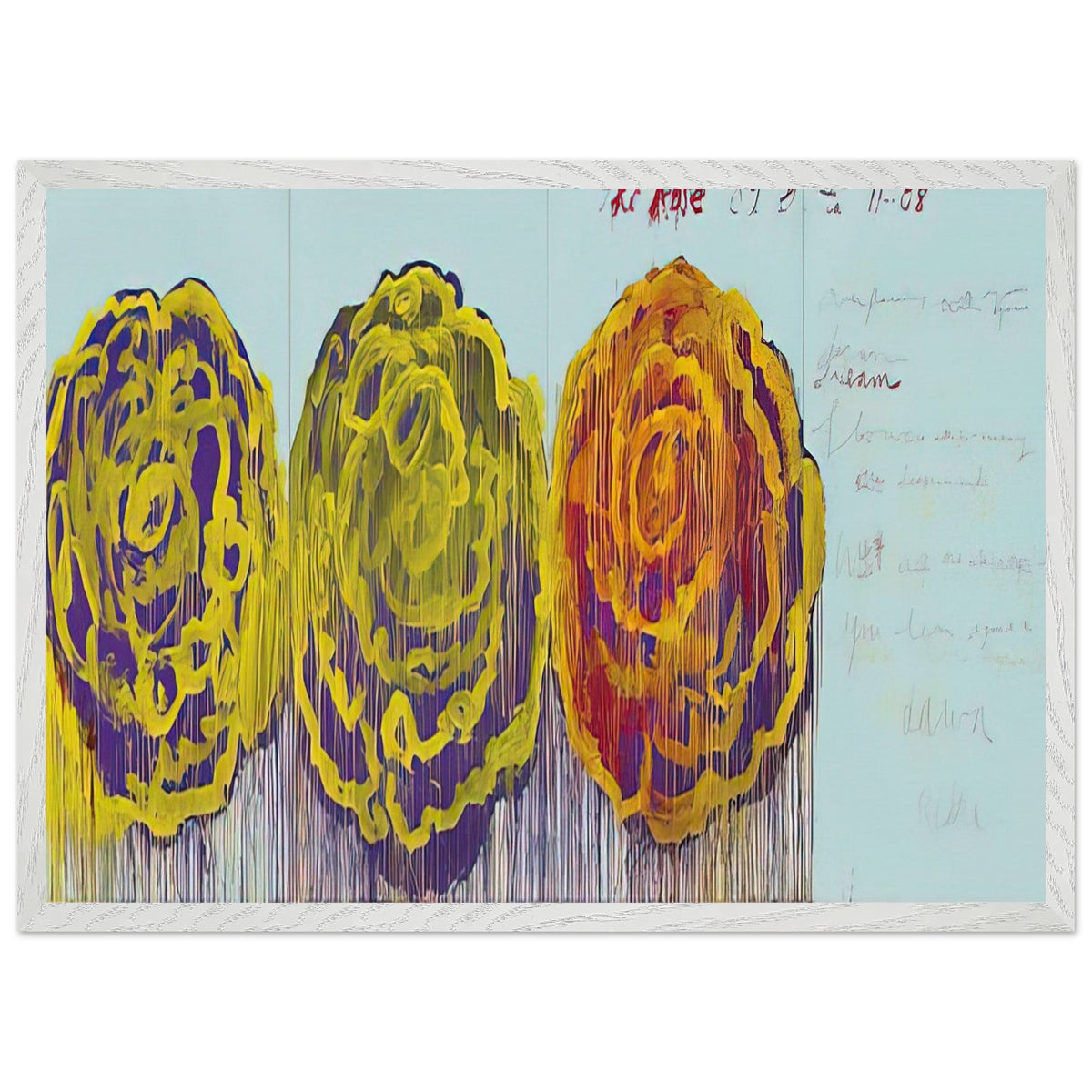 The Rose (III) by Cy Twombly framed art print; featuring three oversized rose-like forms in vivid golden yellow, fiery orange, rich magenta; size 30 × 45 cm (12 × 18 in); white frame.