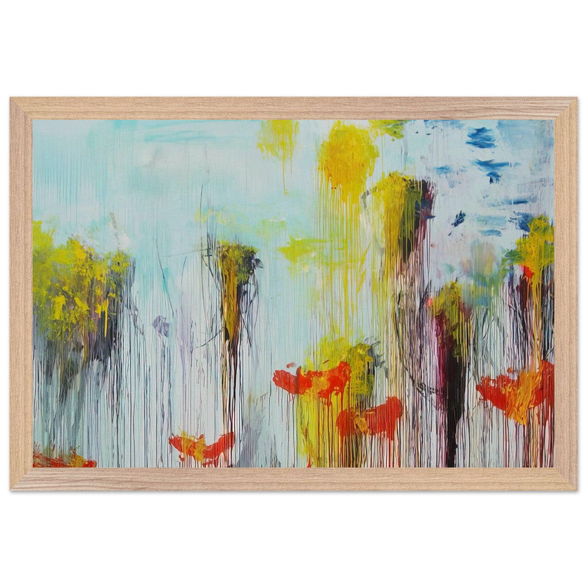 Lepanto, Part VII by Cy Twombly framed art print; featuring vibrant turquoise and aquamarine tones, vivid yellow brushstrokes, fiery orange and red accents; size 50 × 70 cm (20 × 28 in); white frame.