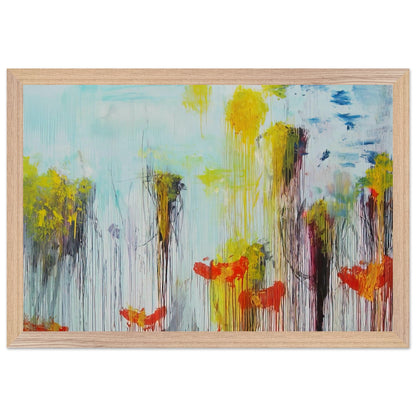 Lepanto, Part VII by Cy Twombly framed art print; featuring vibrant turquoise and aquamarine tones, vivid yellow brushstrokes, fiery orange and red accents; size 50 × 70 cm (20 × 28 in); white frame.