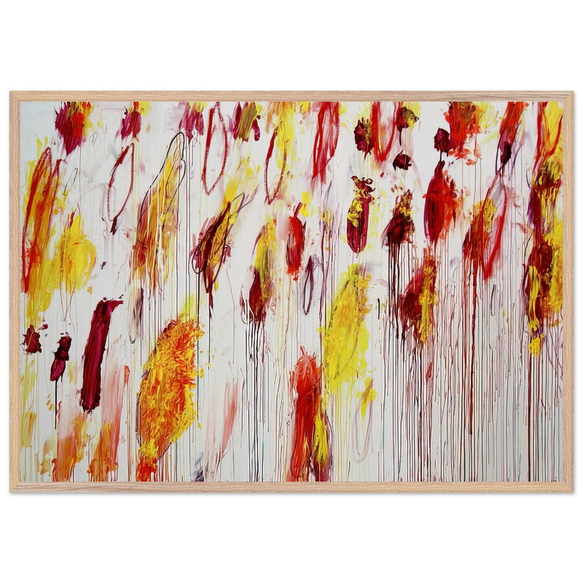 Lepanto, Part IV by Cy Twombly framed art print; featuring vivid yellow and golden-orange pigments, fiery red and crimson brushstrokes, delicate pink accents; size 60 × 90 cm (24 × 36 in); white frame.