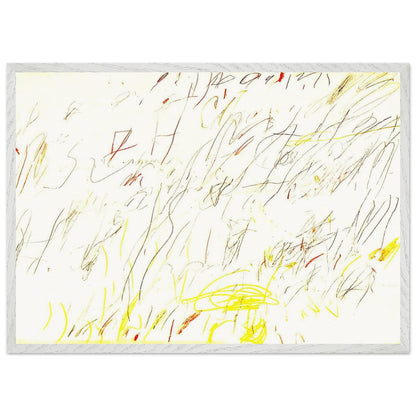 Blue Room by Cy Twombly framed art print; featuring delicate, spontaneous scribbles and gestural lines in shades of black, red, orange; size A1 (59.4 × 84.1 cm); white frame.