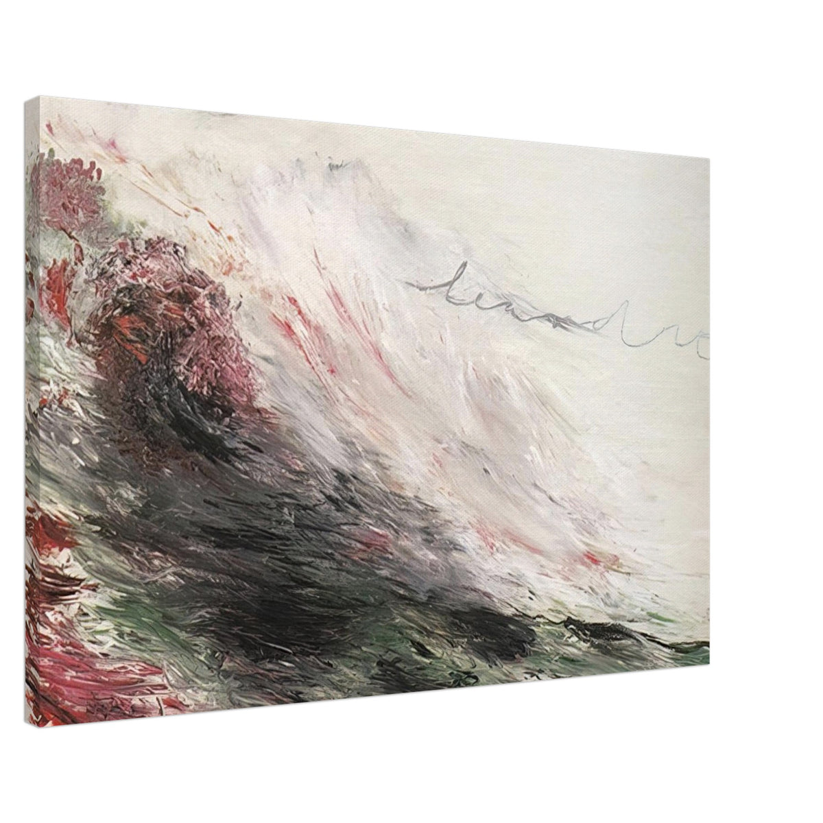 Hero and Leandro (A Painting in Four Parts) Part I by Cy Twombly canvas print, 50 × 75 cm / 20 × 30 in: sweeping white and gray strokes with muted pink, deep green, charcoal, and earthy red tones.
