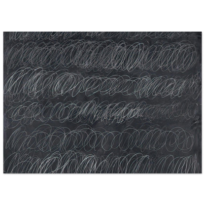 Cold Stream by Cy Twombly poster, 30 × 40 cm / 12 × 16 in: This monochromatic composition features repeated horizontal bands of overlapping white and gray loops….