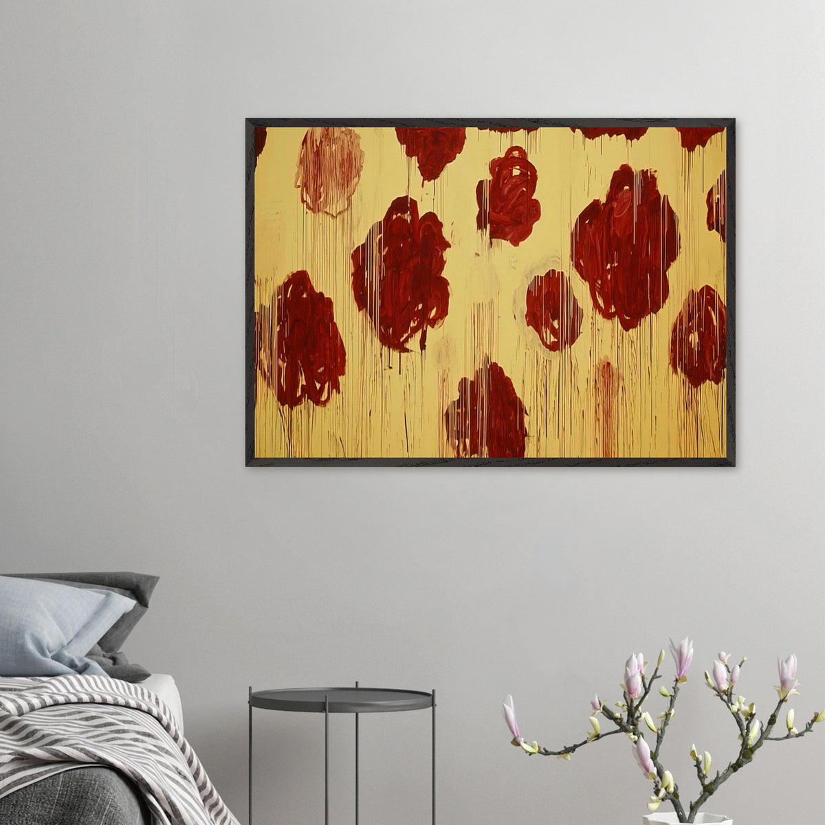 Untitled (Blooming, A Scattering of Blossoms & Other Things) by Cy Twombly framed art print; featuring vivid crimson-red and deep burgundy blossoms scattered across a luminous golden-yellow background.