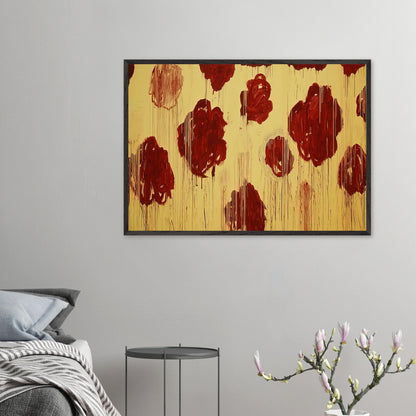 Untitled (Blooming, A Scattering of Blossoms & Other Things) by Cy Twombly framed art print; featuring vivid crimson-red and deep burgundy blossoms scattered across a luminous golden-yellow background.
