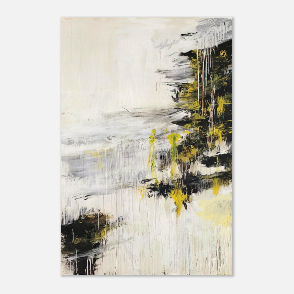 Quattro Stagioni II. Inverno by Cy Twombly, poster, bold black brushstrokes, flowing white and gray paint