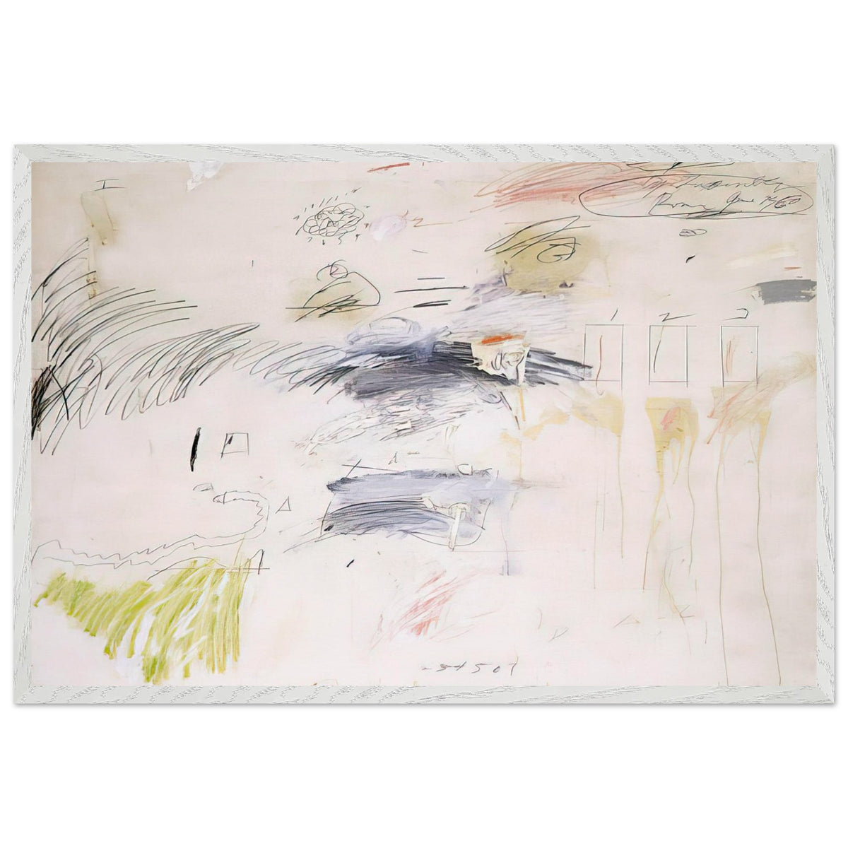 Untitled, Rome by Cy Twombly framed art print; featuring a warm ivory background layered with spontaneous black and charcoal lines, delicate pencil-like gestures; size 50 × 70 cm (20 × 28 in); wood frame.