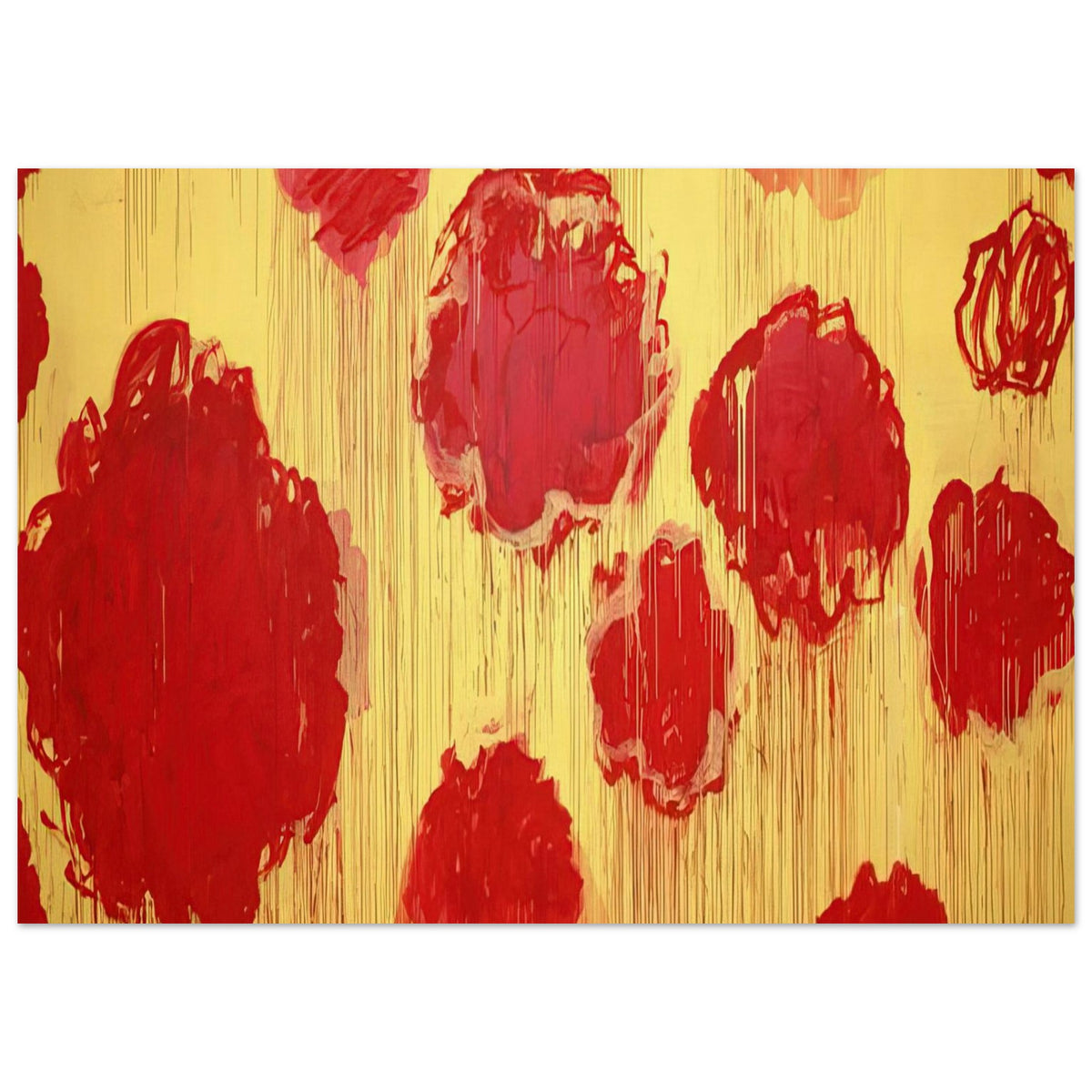 Untitled (Peonias series) by Cy Twombly poster, 75 × 100 cm / 30 × 40 in: This expressive composition features bold red and crimson forms against a luminous golden-yellow….