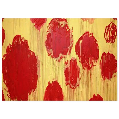 Untitled (Peonias series) by Cy Twombly poster, 75 × 100 cm / 30 × 40 in: This expressive composition features bold red and crimson forms against a luminous golden-yellow….