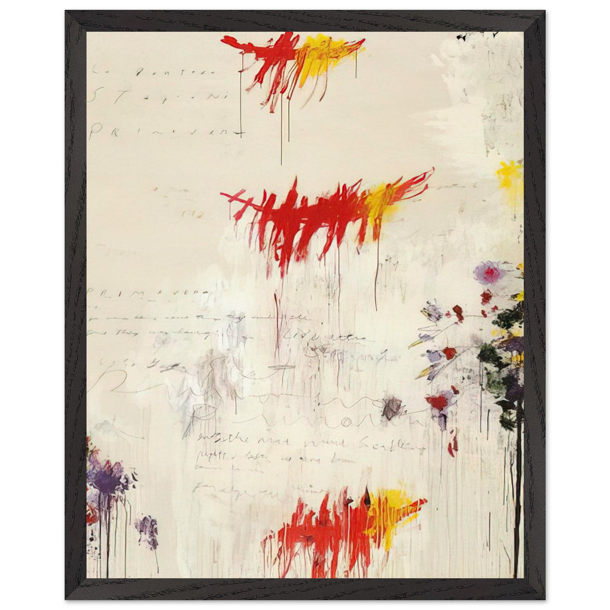 Quattro Stagioni I. Primavera by Cy Twombly, framed art print, energetic red and yellow brushstrokes, subtle purple and green details, 60x80 cm (24x32 in), black frame
