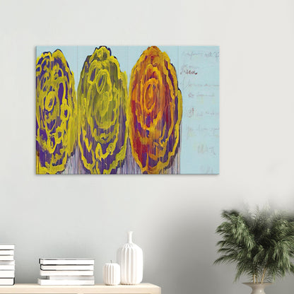 The Rose (III) by Cy Twombly canvas print: This striking composition features three large, rose-inspired forms in vivid yellow, orange, green….