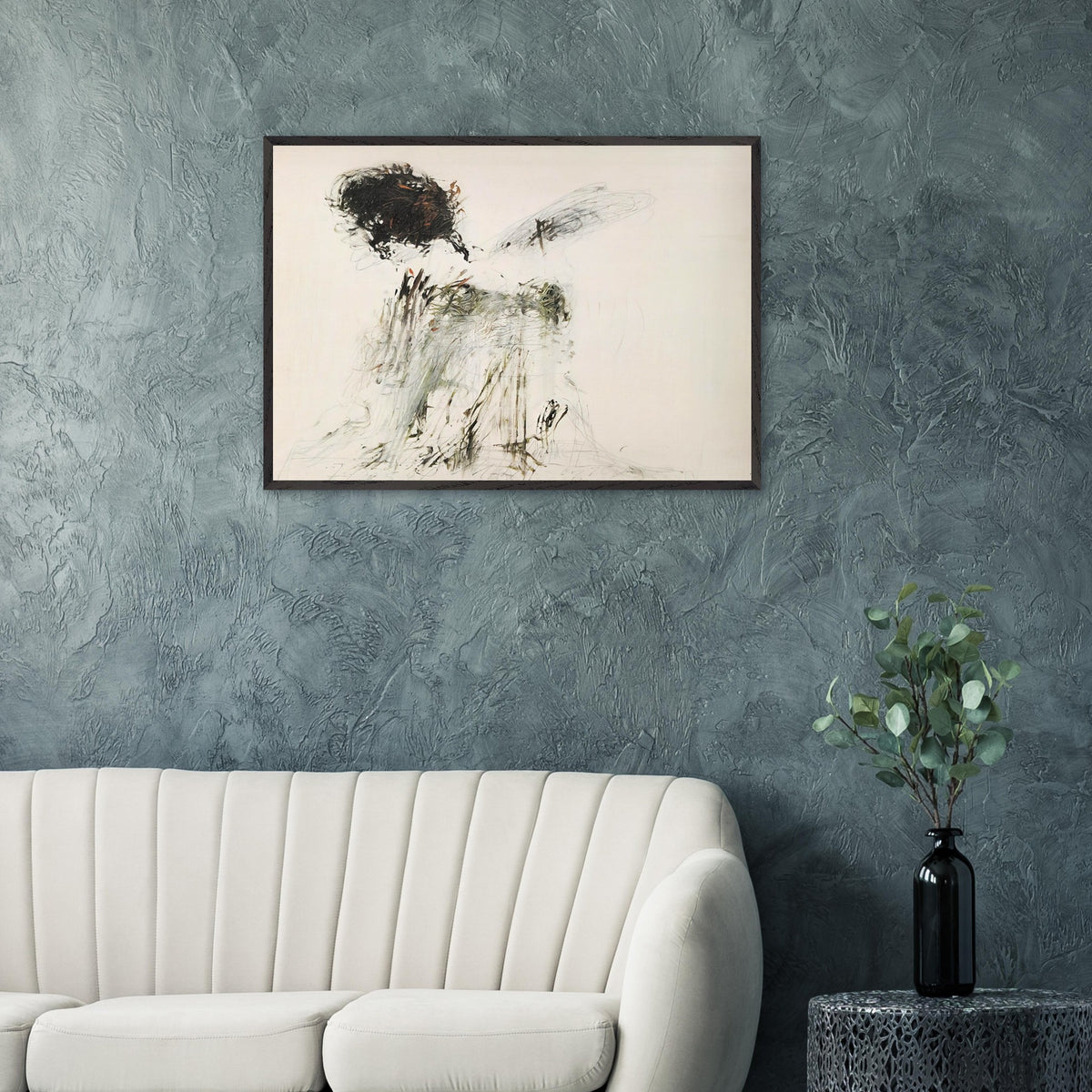 Ides of March by Cy Twombly framed art print; featuring a dramatic mass of black and dark brown marks in the upper-left area, delicate gray lines, earthy green accents.