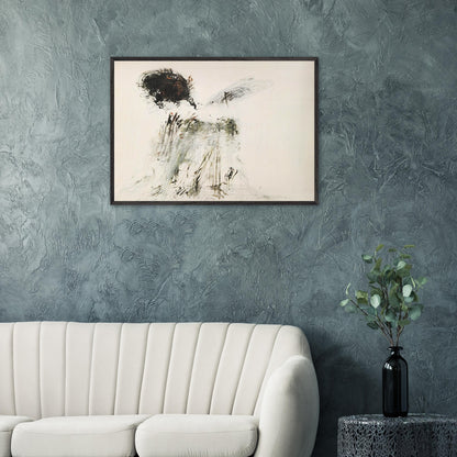 Ides of March by Cy Twombly framed art print; featuring a dramatic mass of black and dark brown marks in the upper-left area, delicate gray lines, earthy green accents.