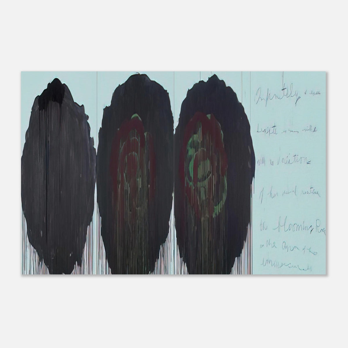 The Rose (V) by Cy Twombly poster: This expressive composition features three large, rose-inspired forms dominated by deep black, burgundy….