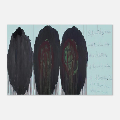 The Rose (V) by Cy Twombly poster: This expressive composition features three large, rose-inspired forms dominated by deep black, burgundy….