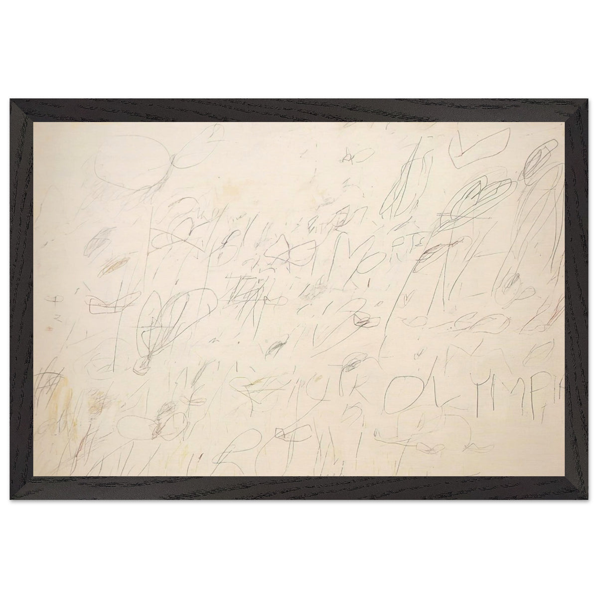 Olympia by Cy Twombly framed art print; featuring a warm ivory and pale cream background covered with delicate pencil-like lines, overlapping scribbles; size 50 × 70 cm (20 × 28 in); black frame.