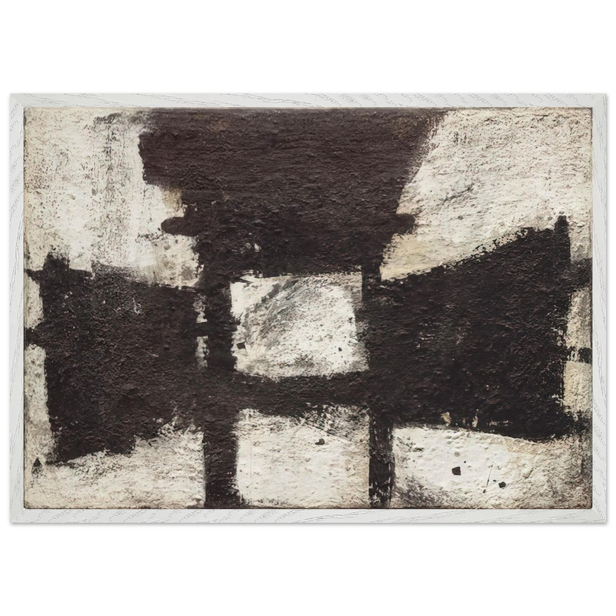 Zyig by Cy Twombly framed art print; featuring bold black and dark brown geometric forms against a textured ivory background; size 60 × 90 cm (24 × 36 in); black frame.