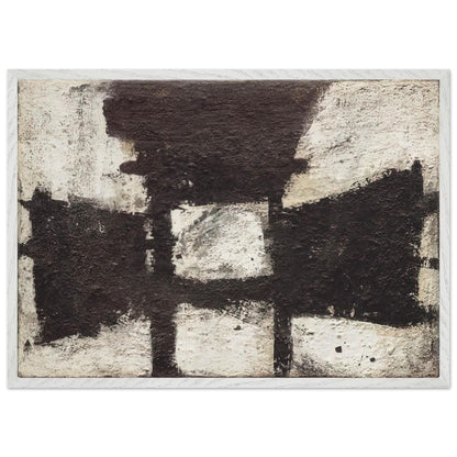 Zyig by Cy Twombly framed art print; featuring bold black and dark brown geometric forms against a textured ivory background; size 60 × 90 cm (24 × 36 in); black frame.