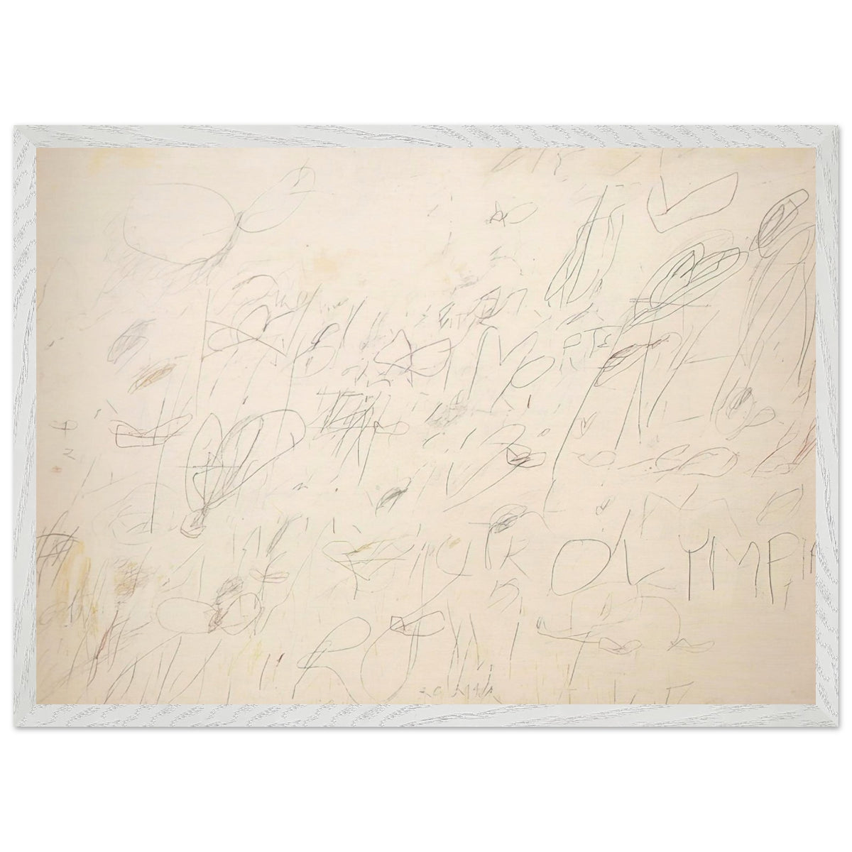 Olympia by Cy Twombly framed art print; featuring a warm ivory and pale cream background covered with delicate pencil-like lines, overlapping scribbles; size 60 × 90 cm (24 × 36 in); white frame.