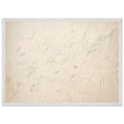 Olympia by Cy Twombly framed art print; featuring a warm ivory and pale cream background covered with delicate pencil-like lines, overlapping scribbles; size 60 × 90 cm (24 × 36 in); white frame.