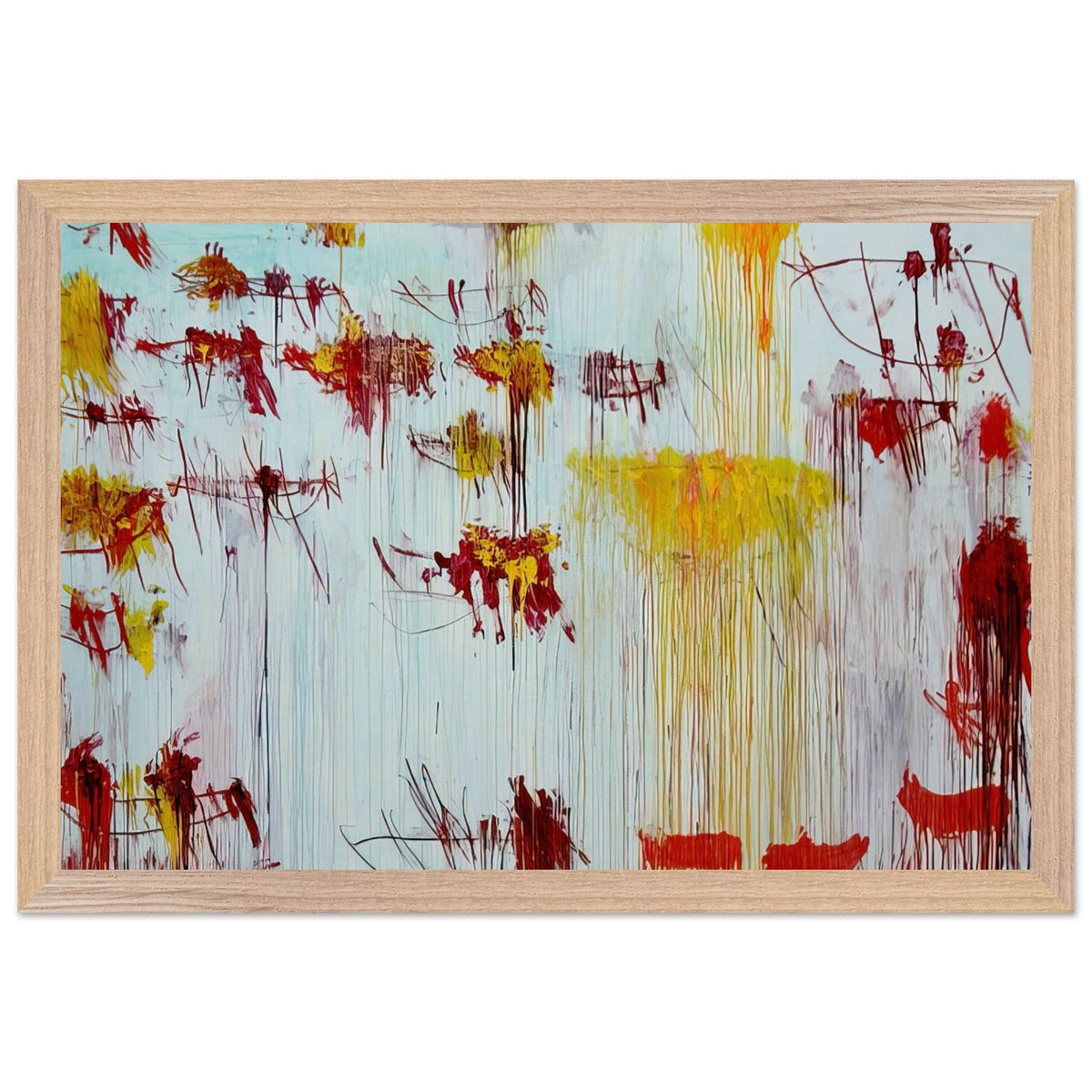 Lepanto, Part X by Cy Twombly framed art print; featuring a luminous pale blue and turquoise background, vivid golden-yellow brushstrokes; size A1 (59.4 × 84.1 cm); white frame.