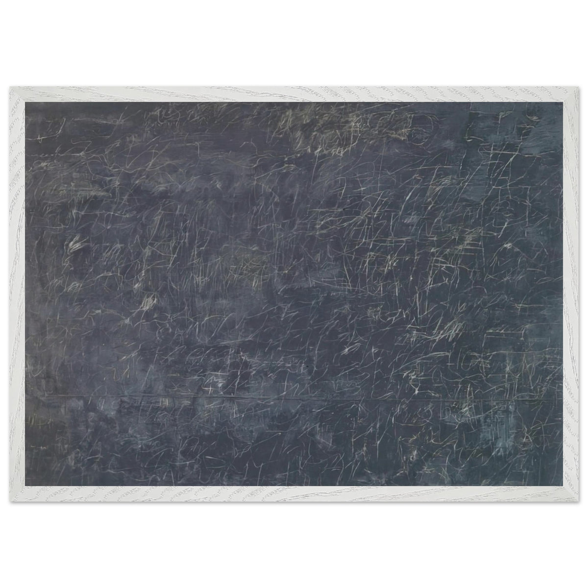 Panorama by Cy Twombly framed art print; featuring a deep charcoal-gray background covered with intricate white and pale-gray scribbles, intersecting lines; size 50 × 70 cm (20 × 28 in); white frame.