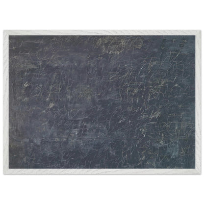 Panorama by Cy Twombly framed art print; featuring a deep charcoal-gray background covered with intricate white and pale-gray scribbles, intersecting lines; size 50 × 70 cm (20 × 28 in); white frame.