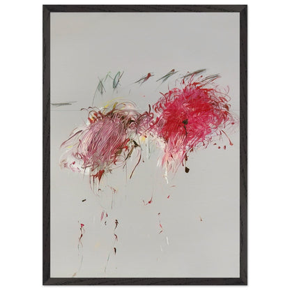 Nicola's Irises by Cy Twombly, framed art print, 70x100 cm / 28x40″, Wood frame; sweeping red and crimson brushstrokes, delicate pink accents, cool blue details