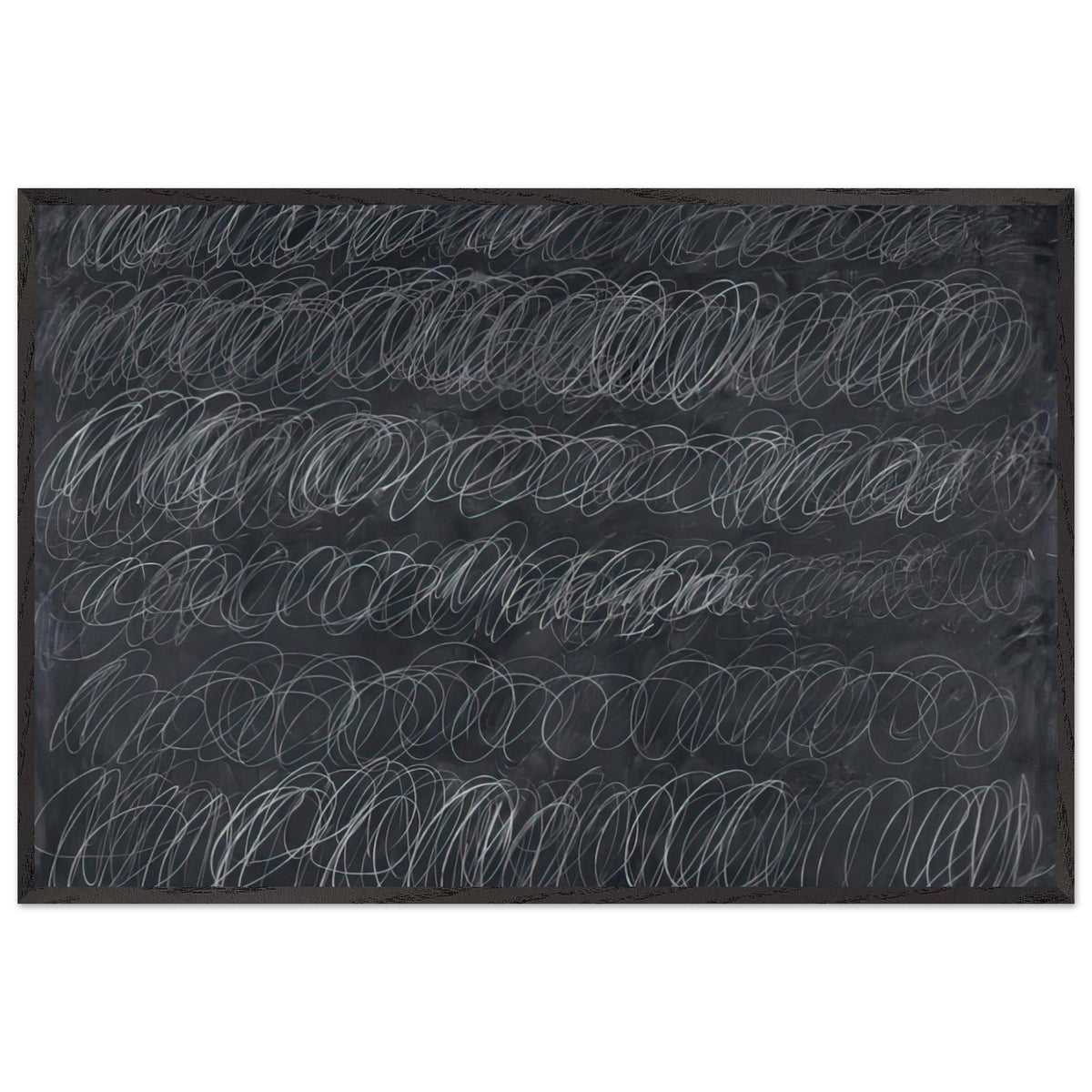 Cold Stream by Cy Twombly framed art print; featuring dense, repeating white and gray scribbled lines arranged in horizontal rows across a deep charcoal-gray; size 28 × 43 cm (11 × 17 in); white frame.