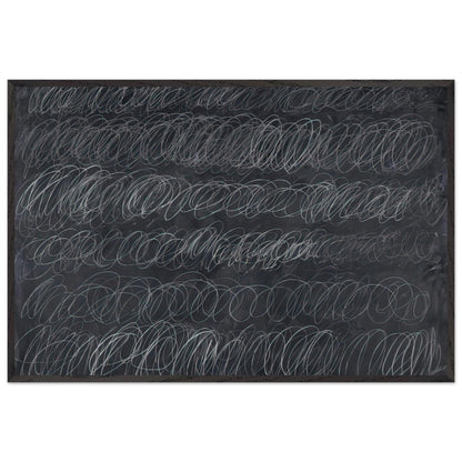 Cold Stream by Cy Twombly framed art print; featuring dense, repeating white and gray scribbled lines arranged in horizontal rows across a deep charcoal-gray; size 28 × 43 cm (11 × 17 in); white frame.