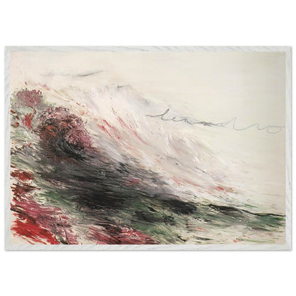 Hero and Leandro (A Painting in Four Parts) Part I by Cy Twombly framed art print; featuring sweeping white and pale gray brushstrokes, layered charcoal and black marks, subtle green tones; size A1 (59.4 × 84.1 cm); black frame.