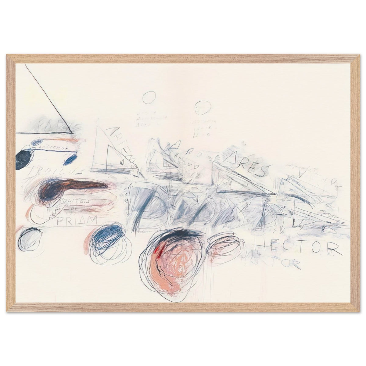 Fifty Days at Iliam: Ilians in Battle by Cy Twombly framed art print; featuring delicate blue-gray lines, energetic red marks, overlapping geometric shapes; size 28 × 43 cm (11 × 17 in); wood frame.