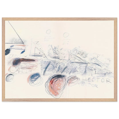 Fifty Days at Iliam: Ilians in Battle by Cy Twombly framed art print; featuring delicate blue-gray lines, energetic red marks, overlapping geometric shapes; size 28 × 43 cm (11 × 17 in); wood frame.
