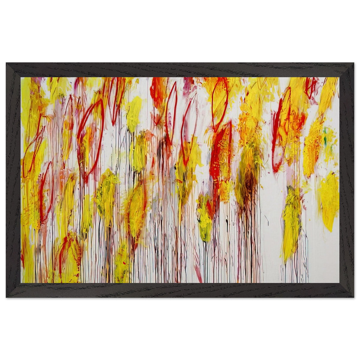 Lepanto, Part I by Cy Twombly framed art print; featuring vivid yellow and golden-orange brushstrokes, fiery red accents, delicate pink marks; size A1 (59.4 × 84.1 cm); wood frame.