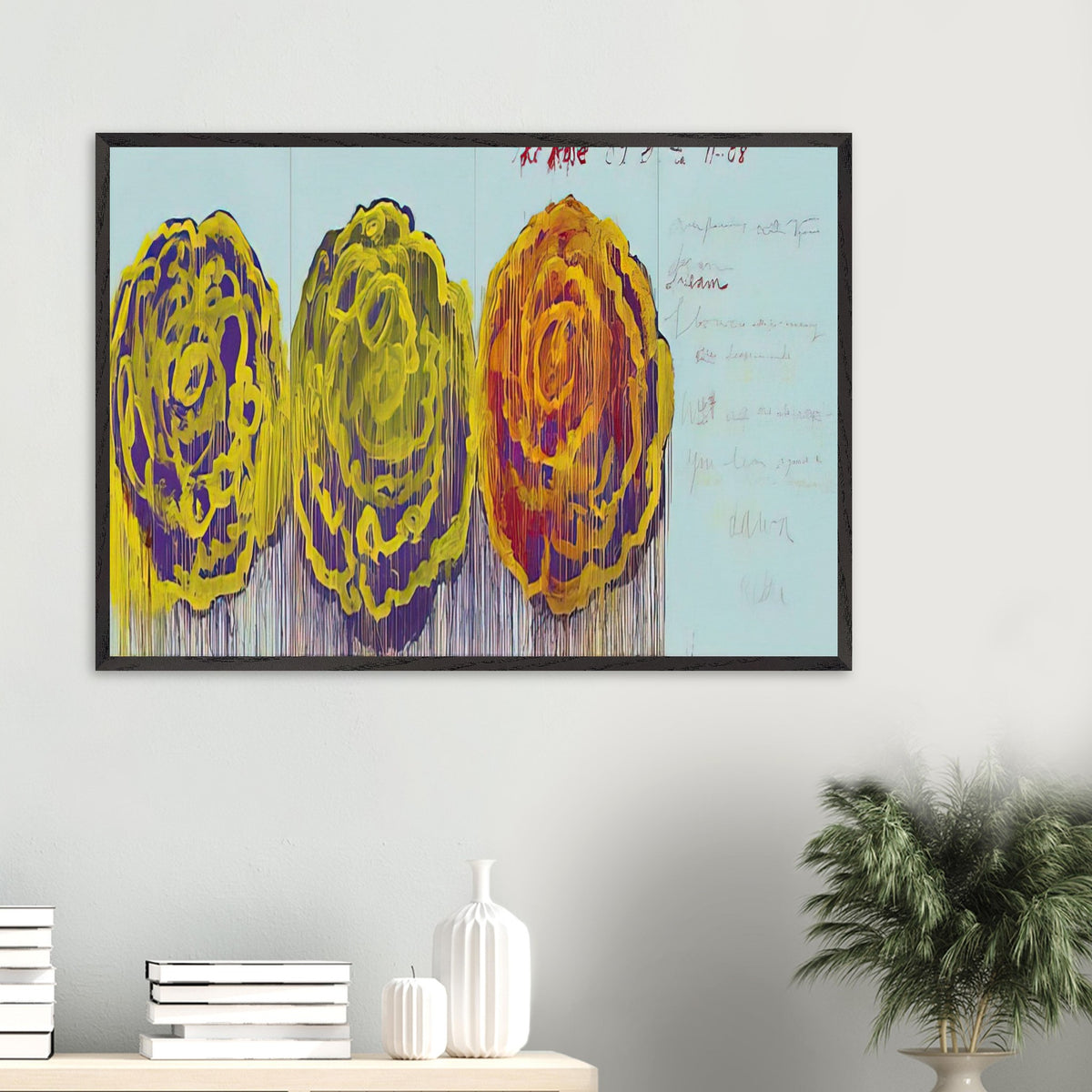 The Rose (III) by Cy Twombly framed art print; featuring three oversized rose-like forms in vivid golden yellow, fiery orange, rich magenta.