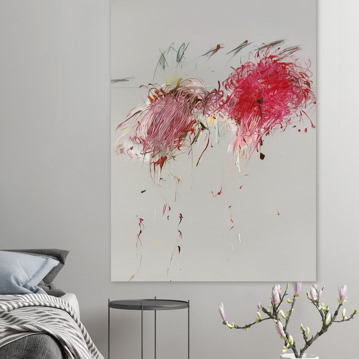 Nicola's Irises by Cy Twombly, poster; sweeping red and crimson brushstrokes, delicate pink accents, cool blue details, and dark gestural lines against a pale background