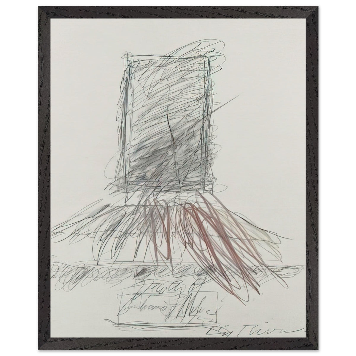 Anabasis (Xenophon) by Cy Twombly, framed art print, 27x35 cm / 11x14″, Black frame; energetic black strokes, delicate looping lines, warm orange accents