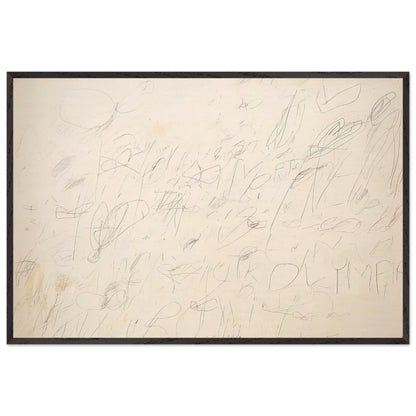 Olympia by Cy Twombly framed art print; featuring a warm ivory and pale cream background covered with delicate pencil-like lines, overlapping scribbles; size 28 × 43 cm (11 × 17 in); white frame.