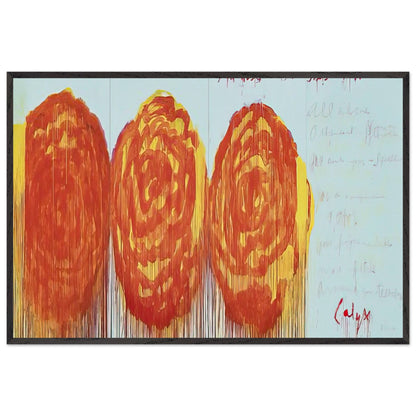 The Rose (II) by Cy Twombly framed art print; featuring three oversized rose-like forms in vibrant orange, fiery red; size 30 × 45 cm (12 × 18 in); wood frame.