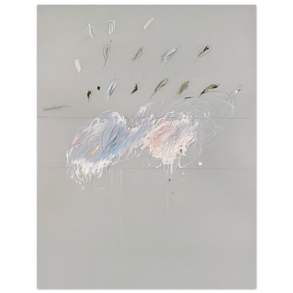 Nine Discourses on Commodus, Part VI by Cy Twombly, poster, muted gray background, delicate white brushstrokes, 50x70 cm (20x28 in)