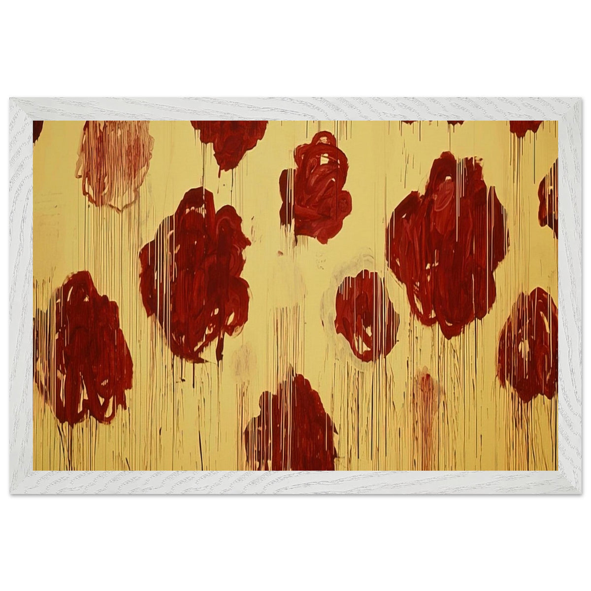 Untitled (Blooming, A Scattering of Blossoms & Other Things) by Cy Twombly framed art print; featuring vivid crimson-red and deep burgundy blossoms scattered across a luminous golden-yellow background; size 30 × 45 cm (12 × 18 in); wood frame.