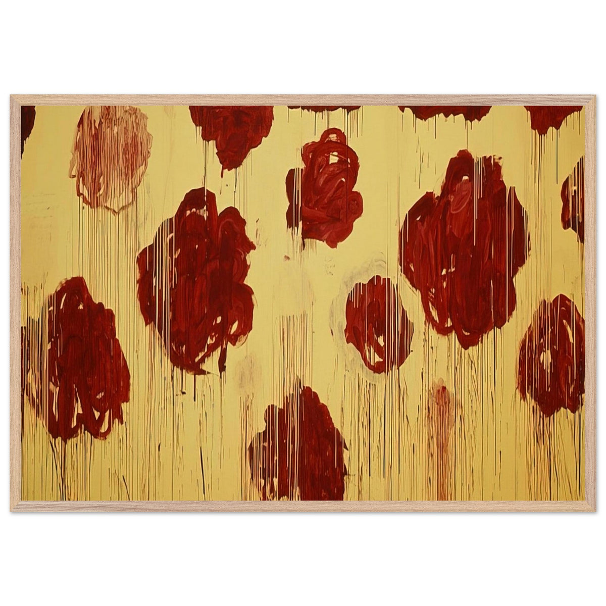Untitled (Blooming, A Scattering of Blossoms & Other Things) by Cy Twombly framed art print; featuring vivid crimson-red and deep burgundy blossoms scattered across a luminous golden-yellow background; size 70 × 100 cm (28 × 40 in); black frame.