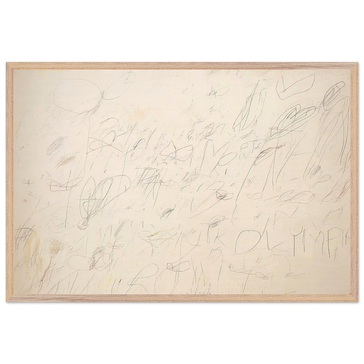 Olympia by Cy Twombly framed art print; featuring a warm ivory and pale cream background covered with delicate pencil-like lines, overlapping scribbles; size 70 × 100 cm (28 × 40 in); wood frame.