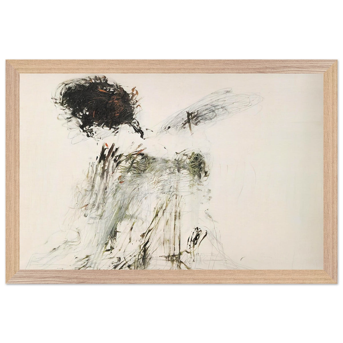 Ides of March by Cy Twombly framed art print; featuring a dramatic mass of black and dark brown marks in the upper-left area, delicate gray lines, earthy green accents; size 28 × 43 cm (11 × 17 in); black frame.