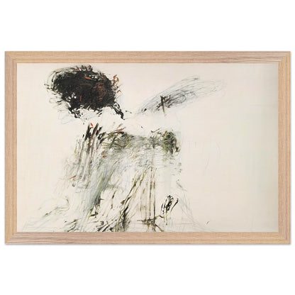 Ides of March by Cy Twombly framed art print; featuring a dramatic mass of black and dark brown marks in the upper-left area, delicate gray lines, earthy green accents; size 28 × 43 cm (11 × 17 in); black frame.