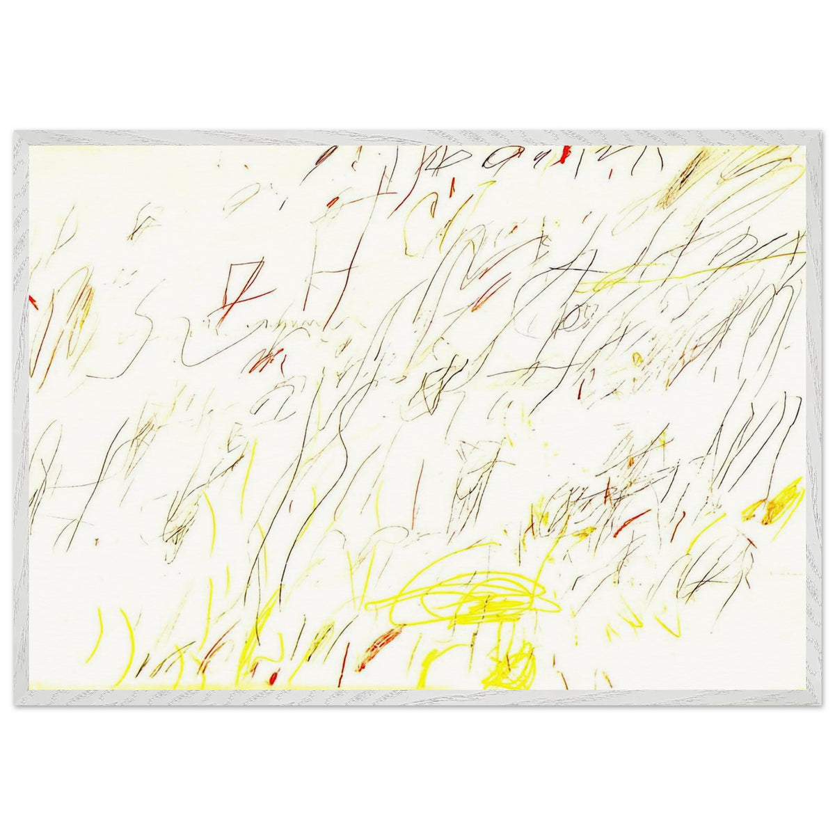Blue Room by Cy Twombly framed art print; featuring delicate, spontaneous scribbles and gestural lines in shades of black, red, orange; size 50 × 70 cm (20 × 28 in); white frame.