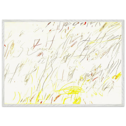 Blue Room by Cy Twombly framed art print; featuring delicate, spontaneous scribbles and gestural lines in shades of black, red, orange; size 50 × 70 cm (20 × 28 in); white frame.